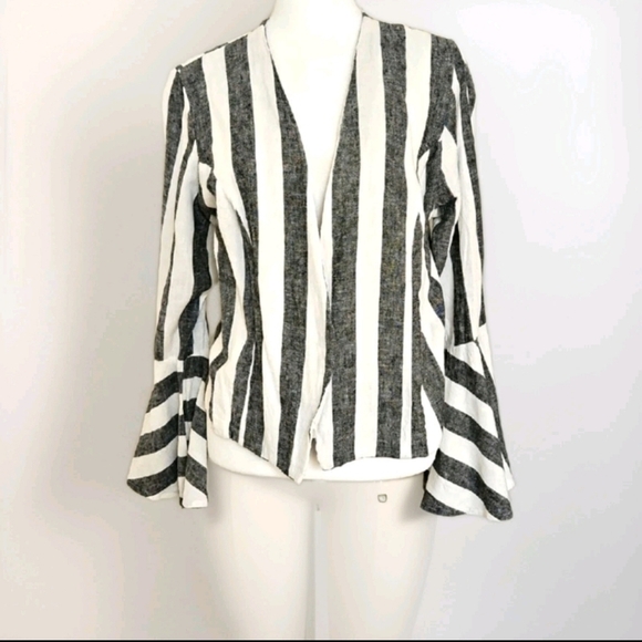 Ashley Stewart Women's Black and White Linen Blend Striped Open Blazer Sz 14 - Picture 1 of 8